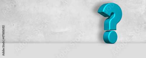 3D Blue Question Mark Banner Concept. horizontal white textured wall background with 3D Rendering Turquoise Question Sign with smooth Glossy edges. Business help Support and website Header Concepts 