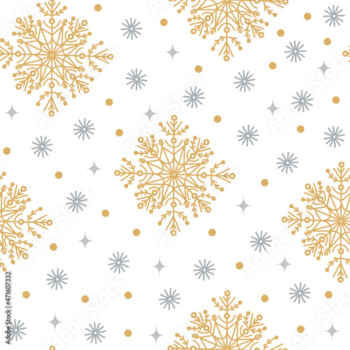 Gold, silver snowflakes seamless vector pattern. Hand-drawn seasonal backdrop. Graceful ice crystals, blizzard. Cozy Christmas background. Festive concept for decoration, design of cards, textiles.