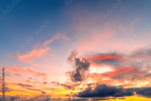 Beautiful sky. Clouds in twilight sky in evening. Colorful sky in twilight time.