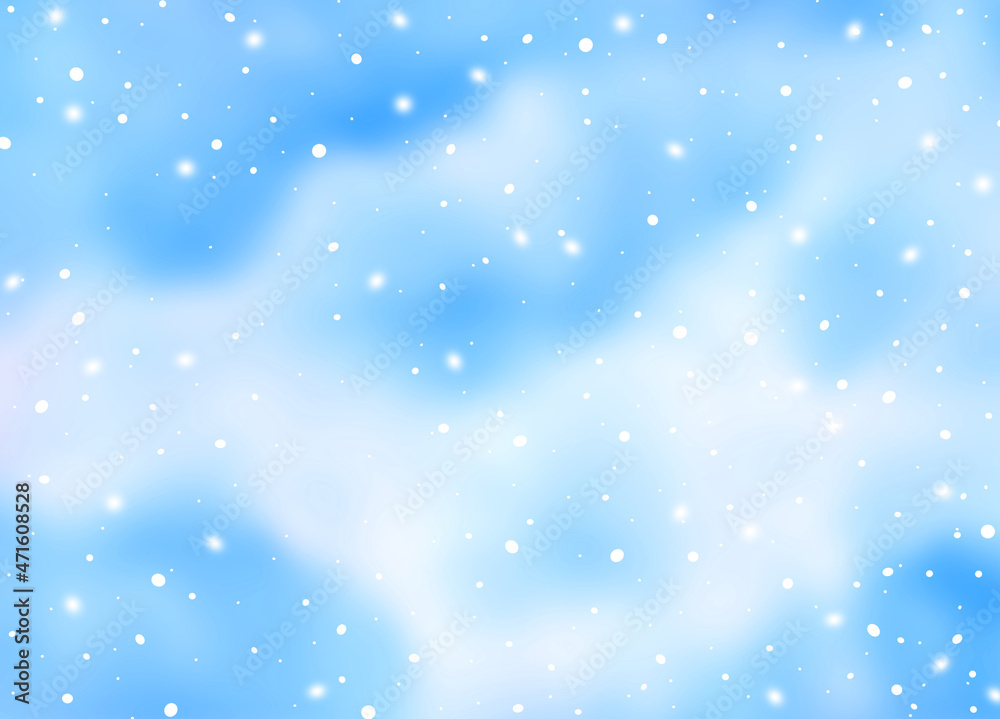 Watercolor Blurred Background. Winter snowy blue sky with white cloud