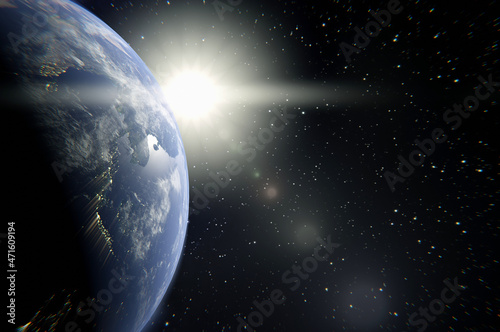 3d illustration. Planet Earth with a spectacular sunset . Copy space for logo and text