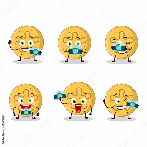 Photographer profession emoticon with dalgona candy coral reefs cartoon character