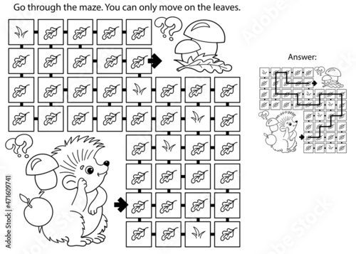 Maze or Labyrinth Game. Puzzle. Coloring Page Outline Of cartoon little hedgehog with basket of mushrooms. Coloring book for kids.