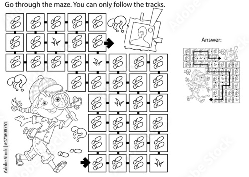 Maze or Labyrinth Game. Puzzle. Coloring Page Outline Of cartoon girl detective with loupe. Young Sherlock Holmes. Coloring book for kids.