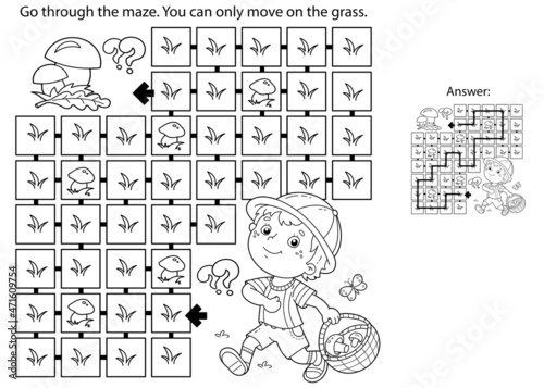 Maze or Labyrinth Game. Puzzle. Coloring Page Outline Of cartoon fun boy with basket. Little mushroom picker. Coloring book for kids.