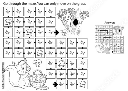 Maze or Labyrinth Game. Puzzle. Coloring Page Outline Of cartoon squirrel with basket of mushrooms. Tree hollow. Coloring book for kids.