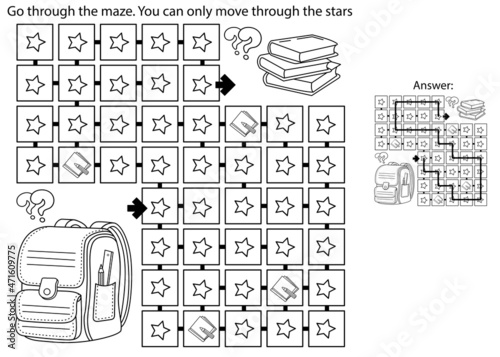 Maze or Labyrinth Game. Puzzle. Coloring Page Outline Of cartoon children satchel or knapsack with books or textbooks. School supplies. Coloring book for kids.
