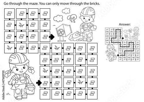 Maze or Labyrinth Game. Puzzle. Coloring Page Outline Of cartoon builders with cement mortar and trowel. Construction. Profession. Coloring book for kids.