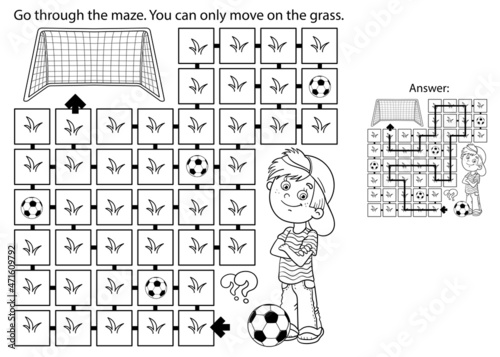 Maze or Labyrinth Game. Puzzle. Coloring Page Outline Of cartoon boy with soccer ball. Football. Sport activity. Coloring book for kids.