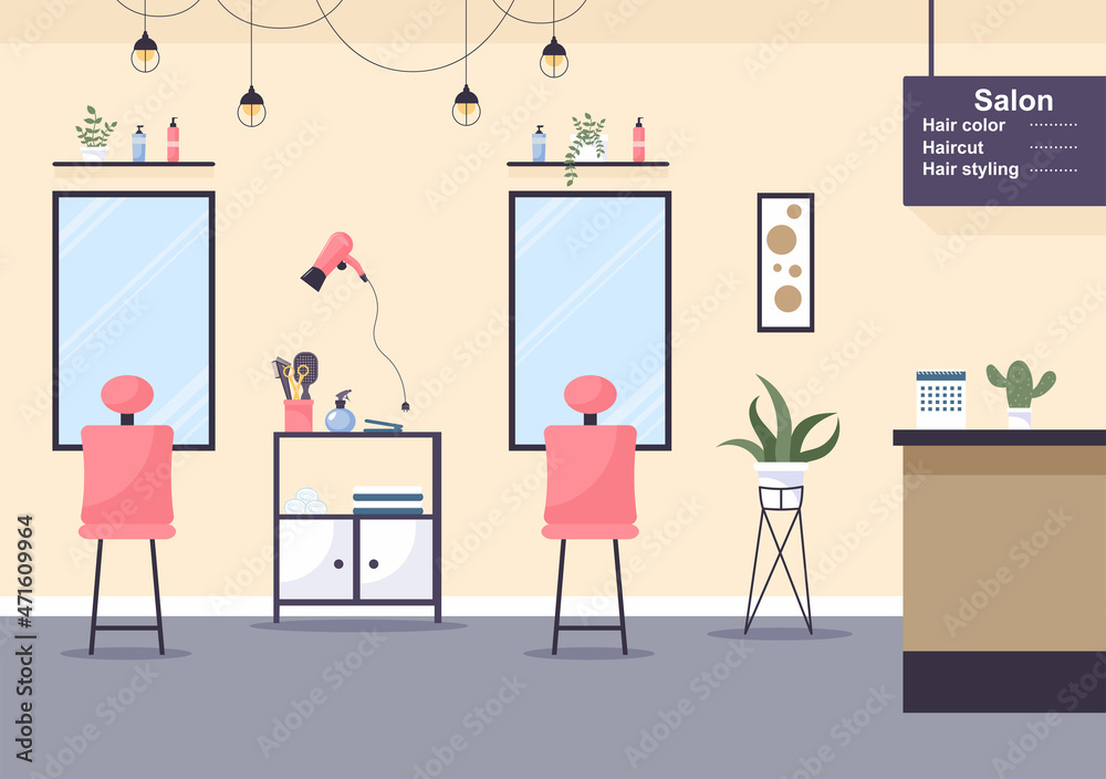 Beauty Salon Interior Flat Design Illustration There is Furniture, Table, Chairs, Bathtub, Mirror or Hairdryer for Washing, Manicure Pedicure, Cutting Hair and Make up