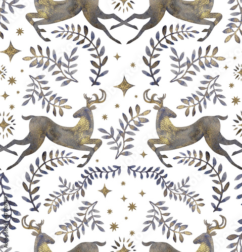 Christmas seamless pattern with deer. Winter background with scandinavian ornament