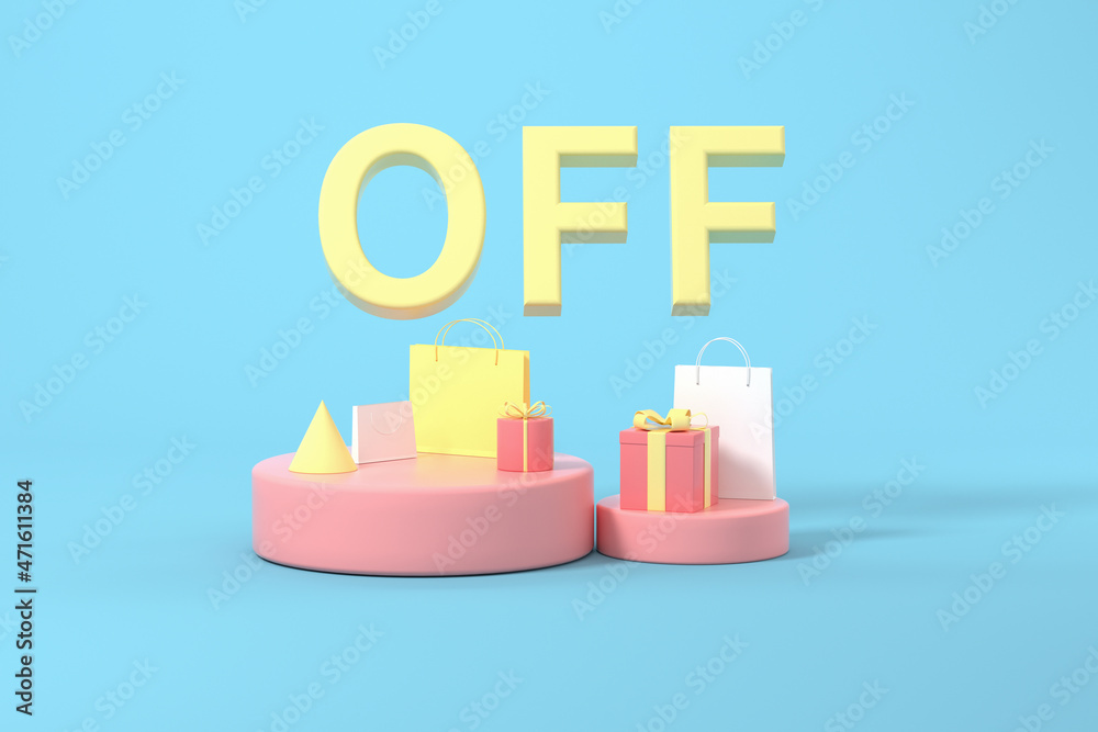 Presents and shopping bags with blue background, 3d rendering.