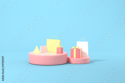 Presents and shopping bags with blue background, 3d rendering. © 婷婷 季