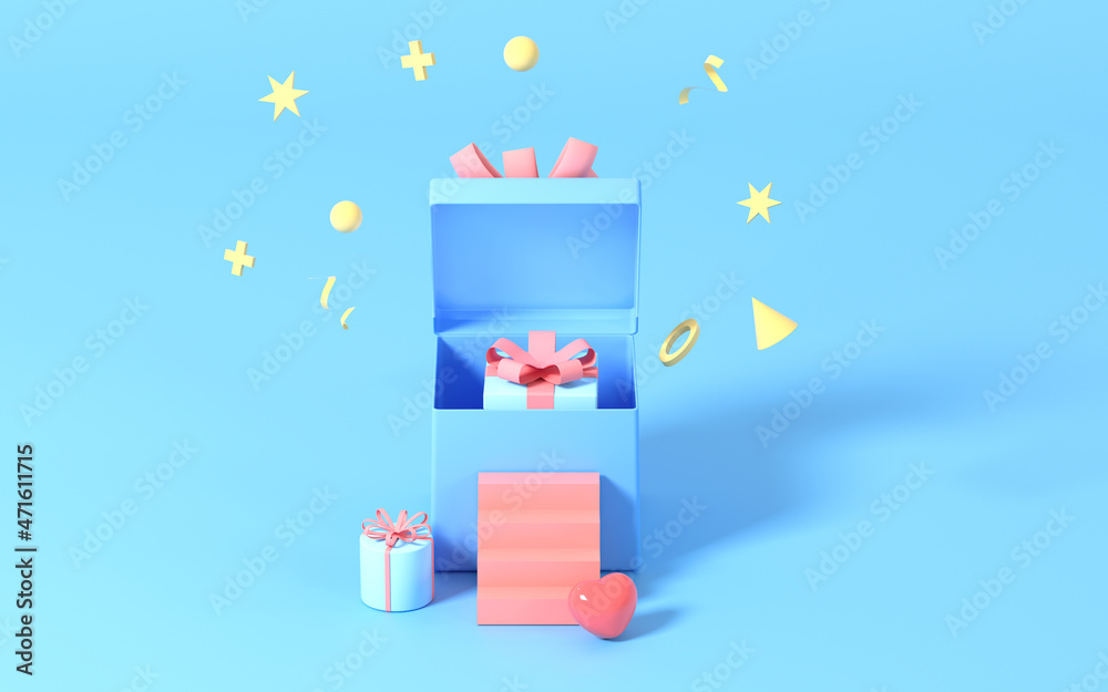 Open presents and stairs with blue background, 3d rendering.
