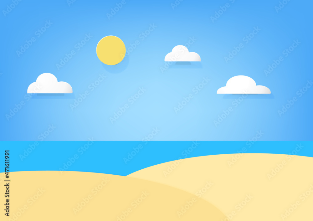 Paper cut of blue sky and beach background.
