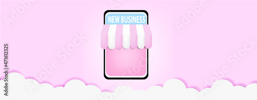 Paper cut design of going to e-commerce via smartphone or tablet. startup business. new trend digital business.