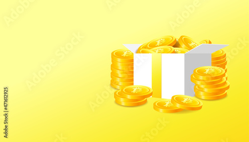 Gold bitcoin in gift box. Cryptocurrency concept banner background.