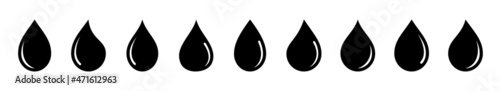 Collection of water droplets with different shapes. Water drop icon different shape. Water rain drops. Water drops collection set. Vector illustration