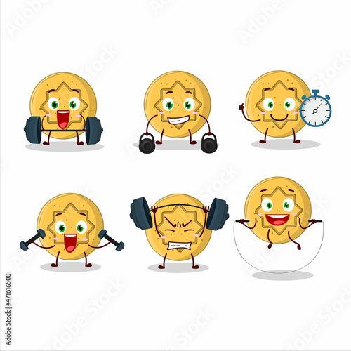 A healthy dalgona candy flower cartoon style trying some tools on Fitness center