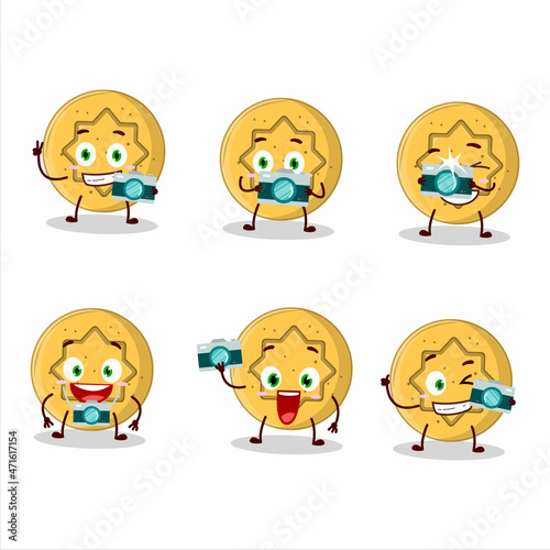 Photographer profession emoticon with dalgona candy flower cartoon character