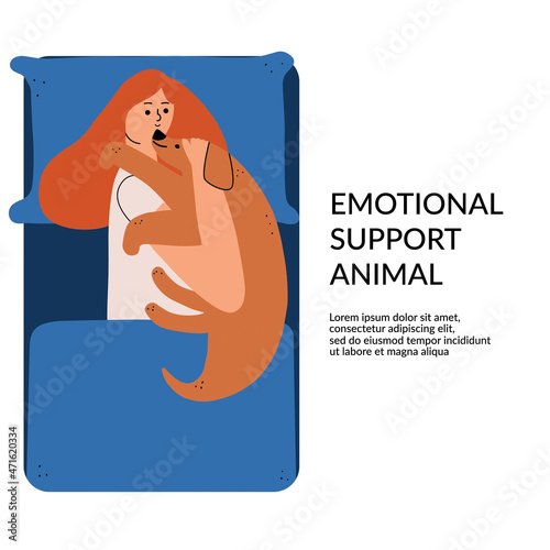 The concept of emotional support by animals. Positive Mental Therapy. The girl lies in bed and hugs her dog. Vector illustration in flat style
