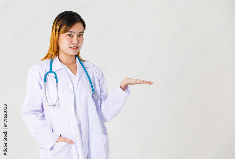 Portrait studio shot Asian successful professional confident dyed hair female doctor in lab coat hanging stethoscope around neck standing smiling holding thumb up look at camera on white background Portrait studio shot Asian successful professional confident dyed hair female doctor in lab coat hanging stethoscope around neck standing smiling holding thumb up look at camera on white background
