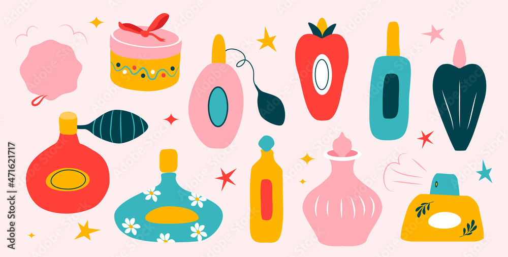 vector cute hand drawn illustration - a set of various perfumes, bottles, aromas. trend illustration in flat style