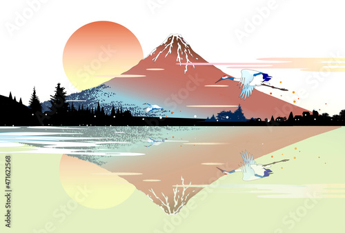浮世絵の富士山と日の出の湖に映る逆さ富士