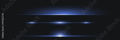 Set with white horizontal highlights. Laser beams, horizontal light beams. Beautiful flashes of light. Glowing stripes on a dark background