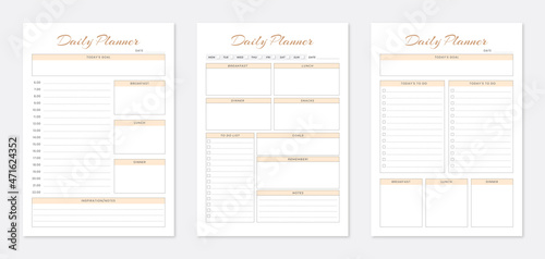 Daily planner pages design collection set, Minimalist planner pages templates, 3 Set of minimalist daily planners, Daily planner bundle set photo