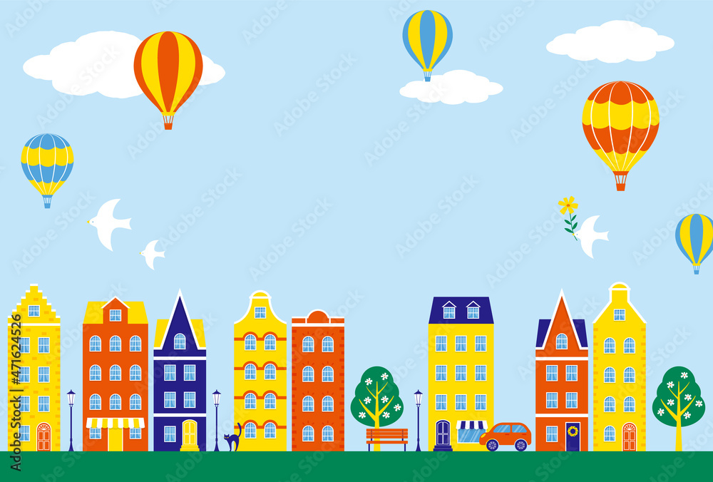 vector background with city landscape with colorful houses and hot air balloons for banners, cards, flyers, social media wallpapers, etc.