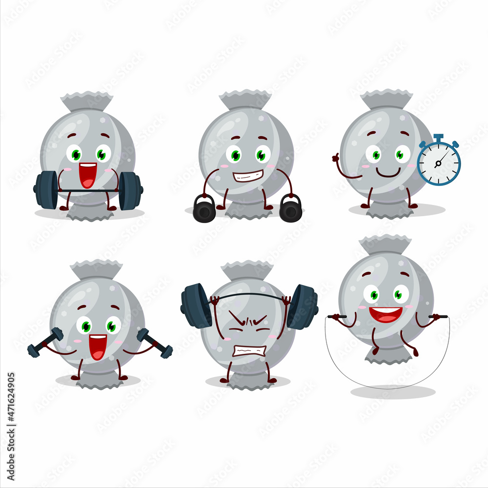 Obraz premium A healthy white candy wrap cartoon style trying some tools on Fitness center