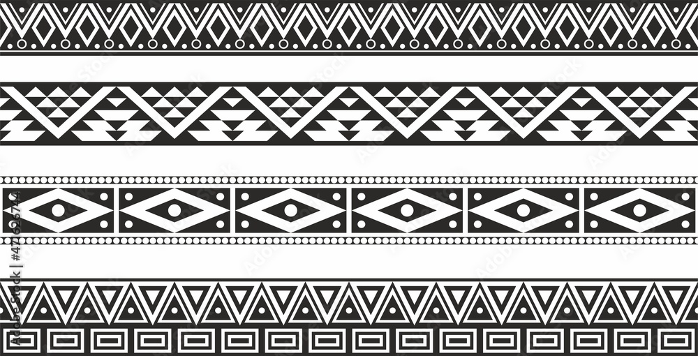 Vector monochrome seamless set of Native American folk ornaments. Frames and borders of the peoples of South and North America, Aztecs, Incas, Mayans, Cherokee, Comanches, Iroquois, Apaches,
