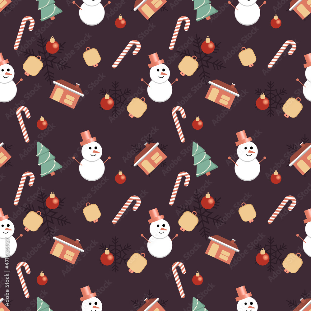 Christmas tree, house with chimney, snowman, decorative ball, candy cane, bell seamless pattern background. Best for winter holiday fabric, giftwrap, scrapbooking, greeting cards design projects.