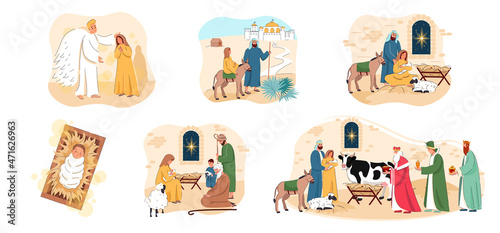 Set of Christmas scenes. Bundle of Nativity backgrounds. Holy Family and Baby Jesus and in manger at night with Bethlehem star. Mary and Joseph. Merry Christmas vector illustration. The birth of Jesus photo