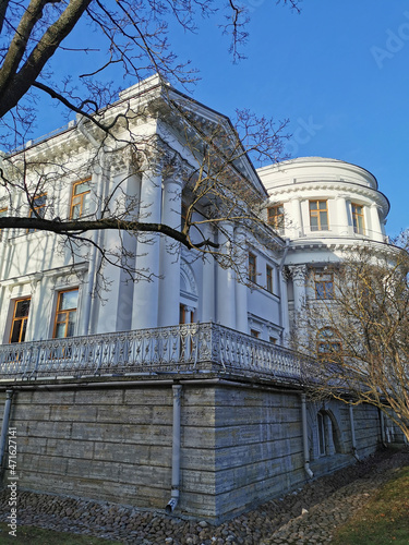 Elaginoostrovsky Palace surrounded by trees and bushes with fallen leaves against a blue sky. photo