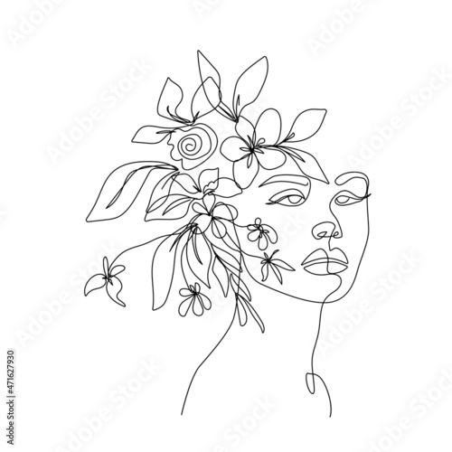Female Floral Head Line Art Drawing. Flower Head Woman Line Drawing for Wall Art, Print, Poster, Social Media. Flower Woman Minimalist Art. Vector EPS 10