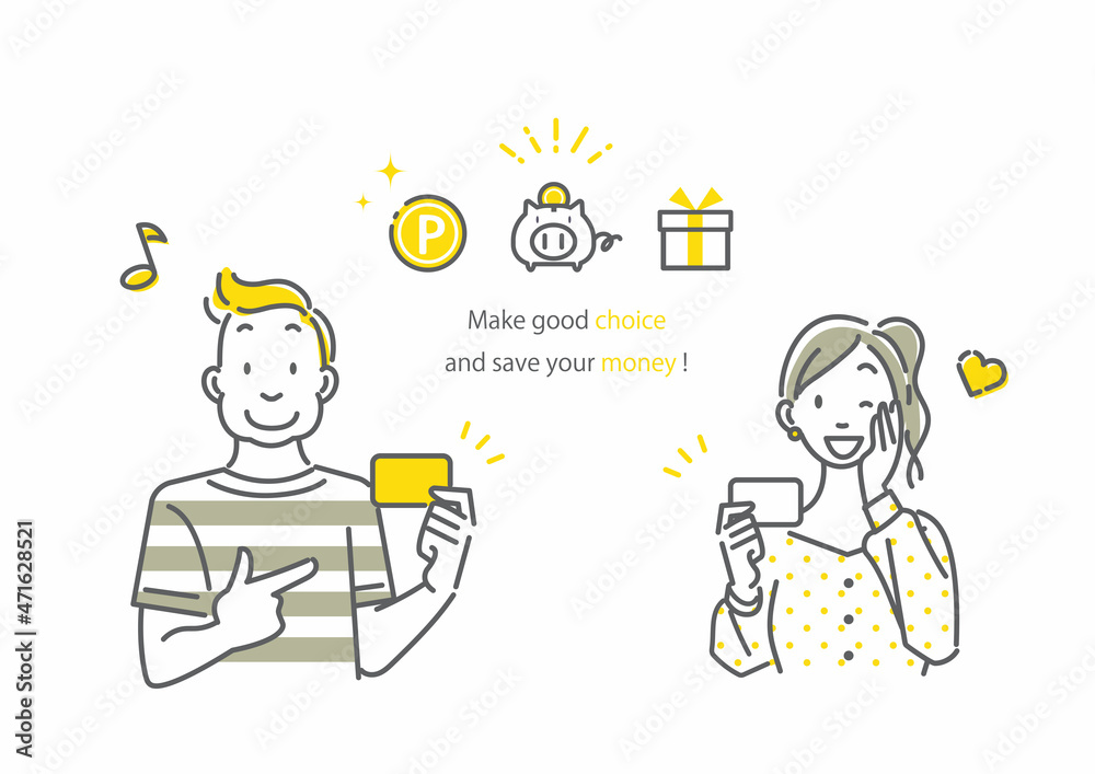 カードをおすすめする笑顔の若い女性と男性　シンプルでお洒落な線画イラスト