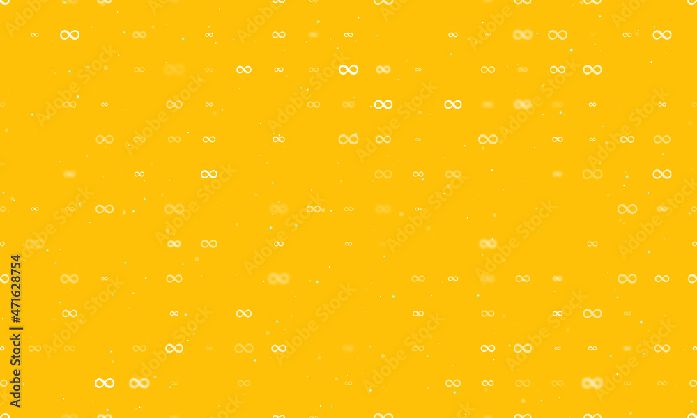 Seamless background pattern of evenly spaced white infinity symbols of different sizes and opacity. Vector illustration on amber background with stars