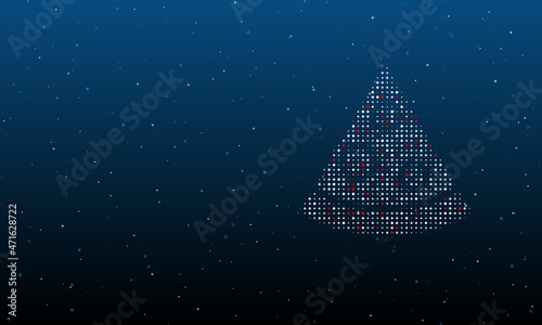 On the right is the slice of pizza symbol filled with white dots. Background pattern from dots and circles of different shades. Vector illustration on blue background with stars