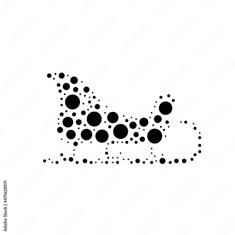 A large sleigh symbol in the center made in pointillism style. The center symbol is filled with black circles of various sizes. Vector illustration on white background A large sleigh symbol in the center made in pointillism style. The center symbol is filled with black circles of various sizes. Vector illustration on white background