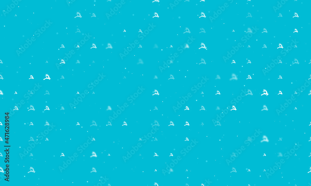 Seamless background pattern of evenly spaced white Christmas deers of different sizes and opacity. Vector illustration on cyan background with stars