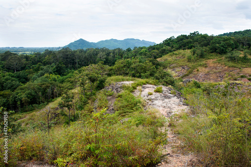View landscape with mountain forest of Khao Lon Adventure for thai people and foreign travelers travel visit rest relax hiking trekking on viewpoint in jungle at Sarika city in Nakhon Nayok, Thailand