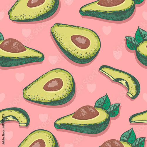 Vector seamless pattern with avocado slices and slices on an abstract background. Healthy vegetarian food. Tropical fresh fruits pattern. Floral exotic motives for the design of wallpaper, textiles.