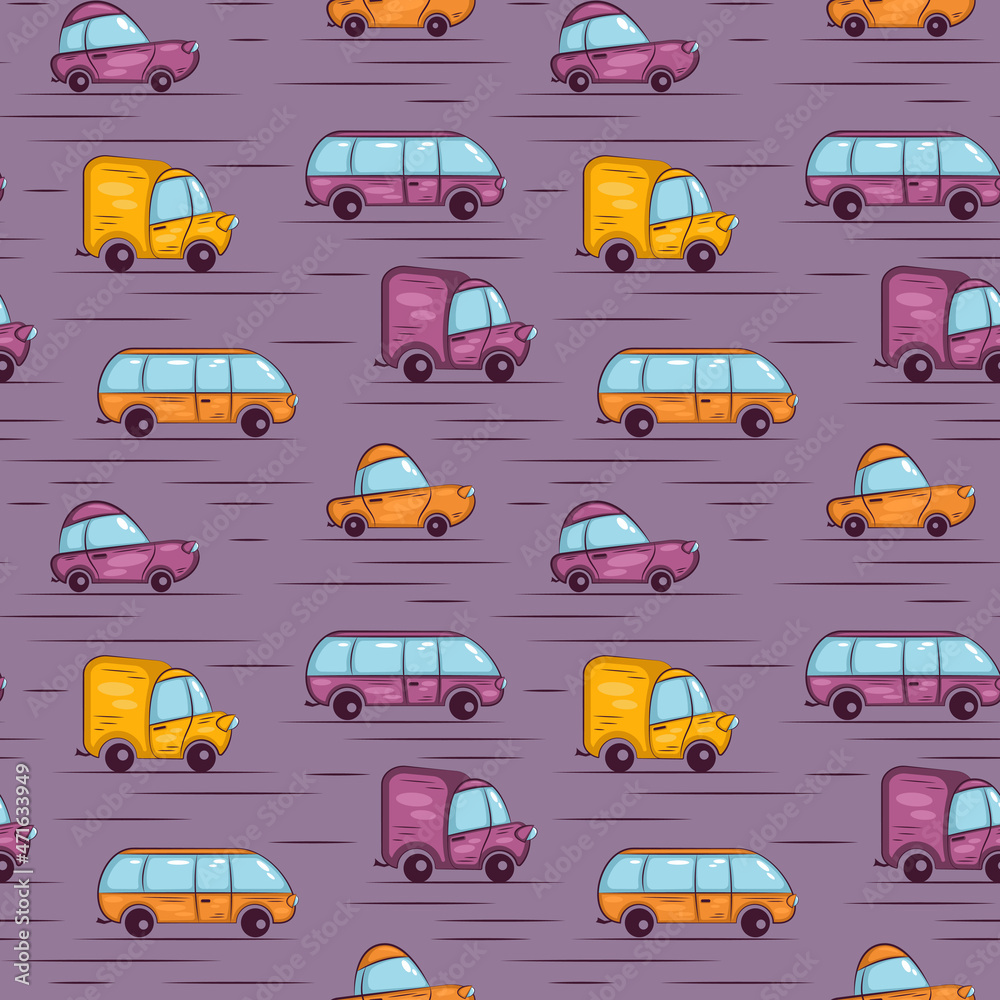 Yellow and purple cartoon cars. Seamless pattern.