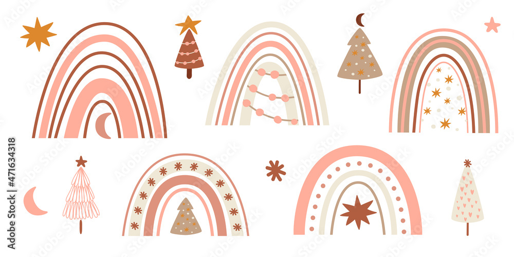 Pink Christmas rainbow set. Cute winter rainbows and Christmas trees collection isolated graphic elements. New Year clipart. Pastel Christmas vector illustration. Hand drawn arch for winter holiday. Pink Christmas rainbow set. Cute winter rainbows and Christmas trees collection isolated graphic elements. New Year clipart. Pastel Christmas vector illustration. Hand drawn arch for winter holiday.