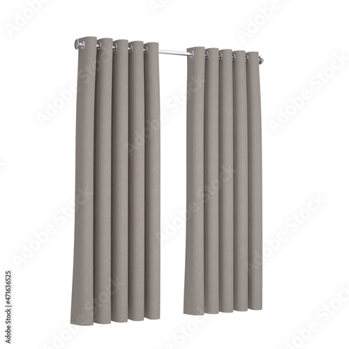 Two Window Gray Curtains Hanging on the Rail. 3d Rendering