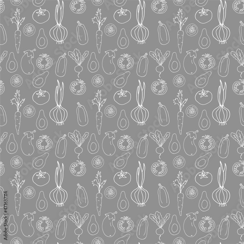 Seamless background. Drawn by hand. Shown are onions, carrots, radishes, eggplant, zucchini, tomatoes in whole and in section. Can be used for fabric, wallpaper, background, wrapping paper.