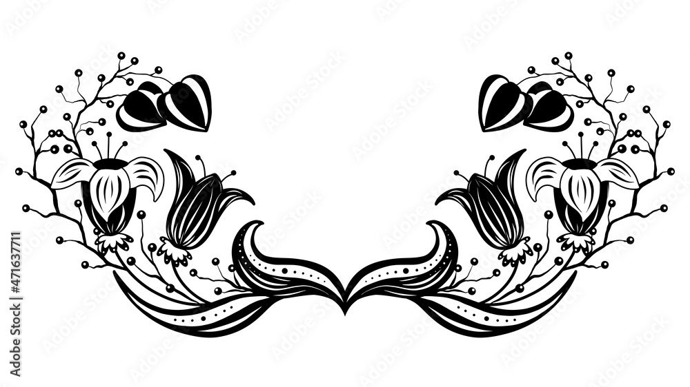Monochrome frame with flowers, berries and physalis. Black crown with white ornament. Vector floral template with bouquets wreath for card and invitation Monochrome frame with flowers, berries and physalis. Black crown with white ornament. Vector floral template with bouquets wreath for card and invitation