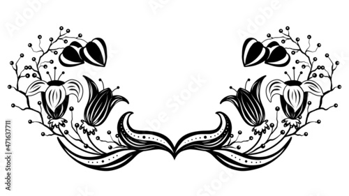 Monochrome frame with flowers, berries and physalis. Black crown with white ornament. Vector floral template with bouquets wreath for card and invitation
